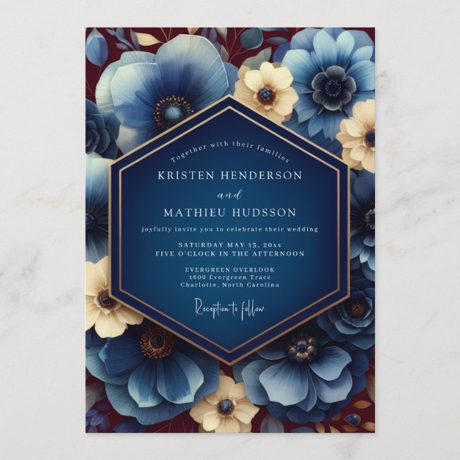 Navy Gilded Anemone Wedding Invitation (Front)