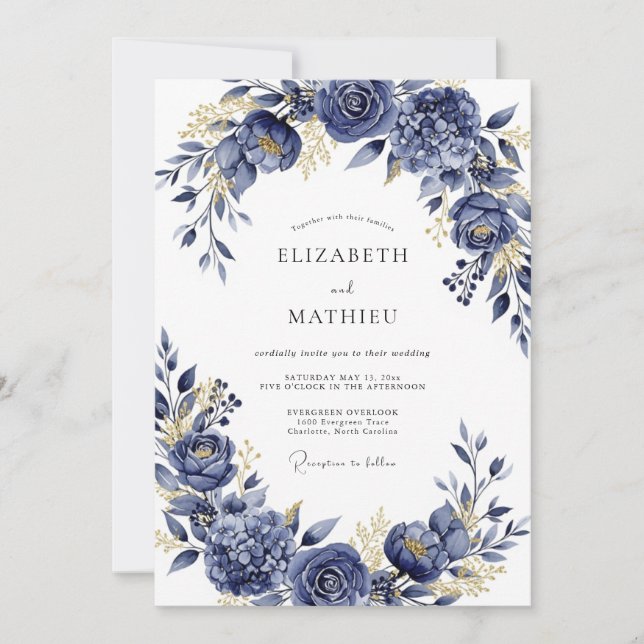Navy Gilded Bloom Romance Wedding Invitation (Front)