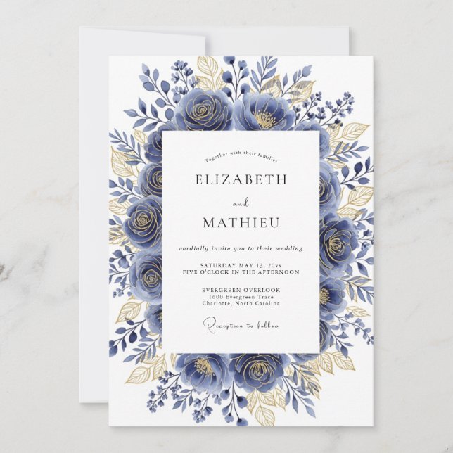 Navy Gilded Bloom Romantic Wedding Invitation (Front)
