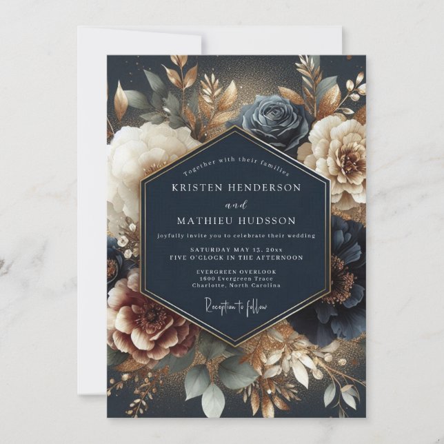 Navy Gilded Bloom Wedding Invitation (Front)