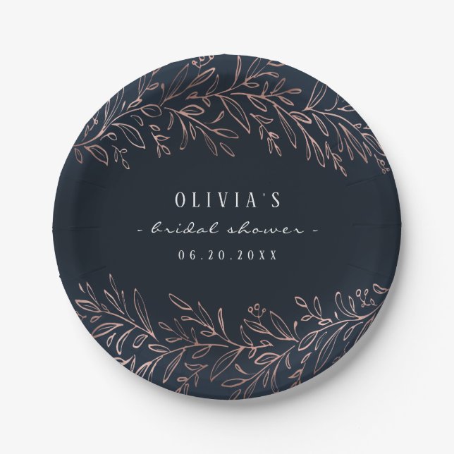 Navy gilded rose gold botanical bridal shower paper plates (Front)