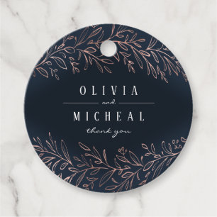 Navy gilded rose gold botanical elegant wedding favor tags