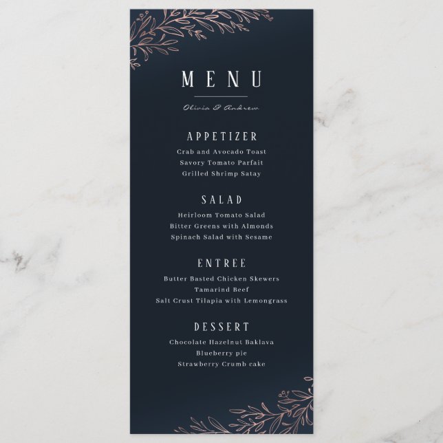 Navy gilded rose gold botanical elegant wedding menu (Front)