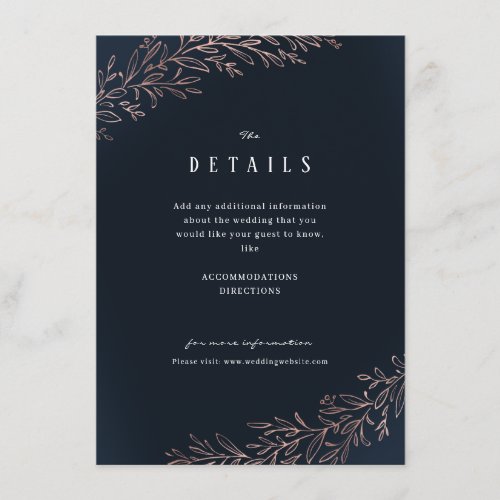 Navy gilded rose gold botanical wedding details enclosure card