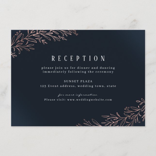 Navy gilded rose gold botanical wedding reception enclosure card (Front)