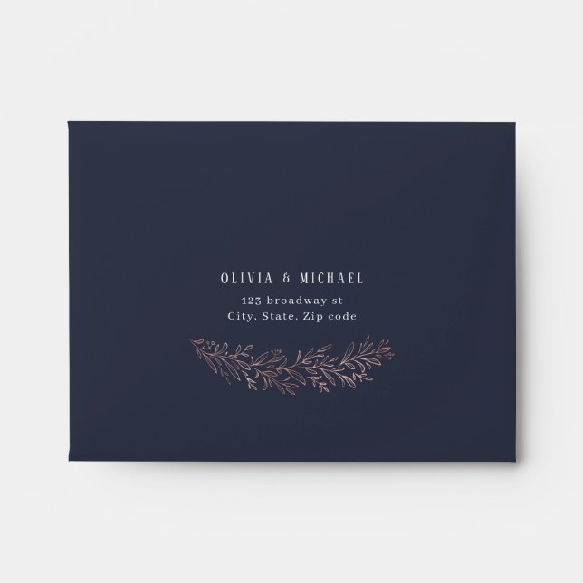 Navy gilded rose gold botanical wedding RSVP Envelope (Front)