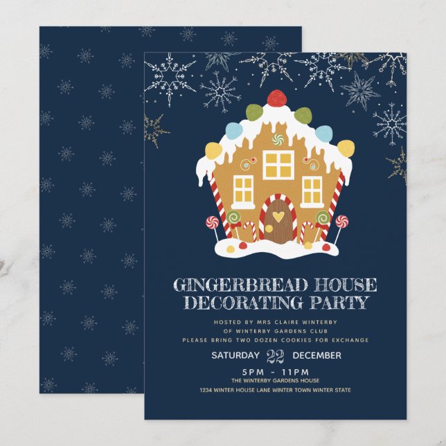 Navy Gingerbread House Decorating Party Invitation (Front/Back)