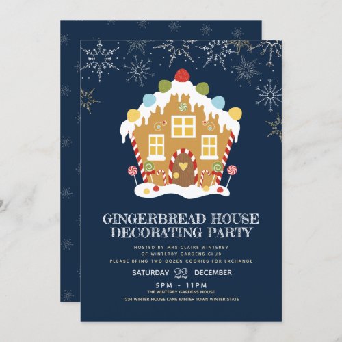 Navy Gingerbread House Decorating Party Invitation