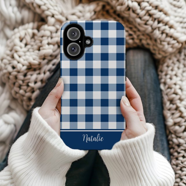 Navy Gingham Check MagSafe Tough Case-Mate iPhone Case (Gingham check navy phone case)