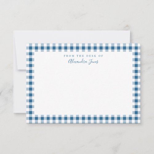 Navy Gingham Check Personal Stationery Note Card