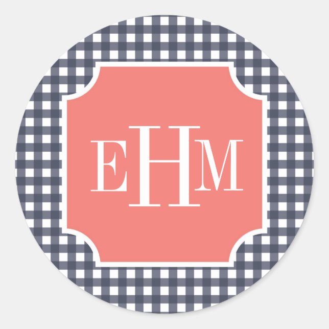 Navy Gingham Classic Round Sticker (Front)