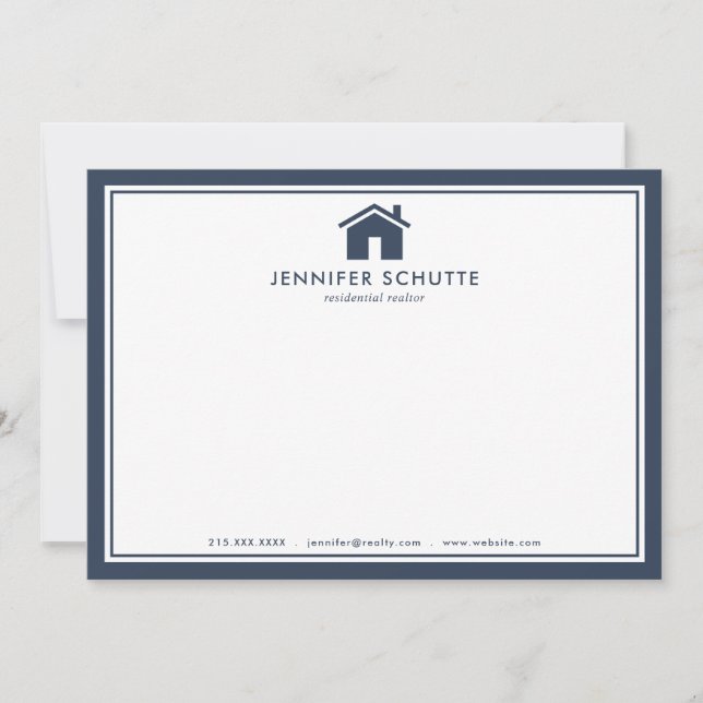 Navy Gingham Personalized Real Estate Agent Flat Note Card (Front)