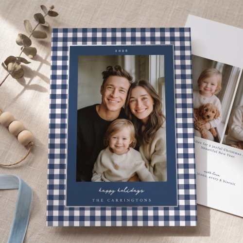Navy Gingham Photo Foil Holiday Card