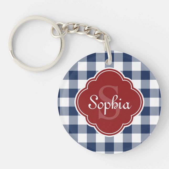 Navy Gingham Red Quatrefoil Monogram Keychain (Front)