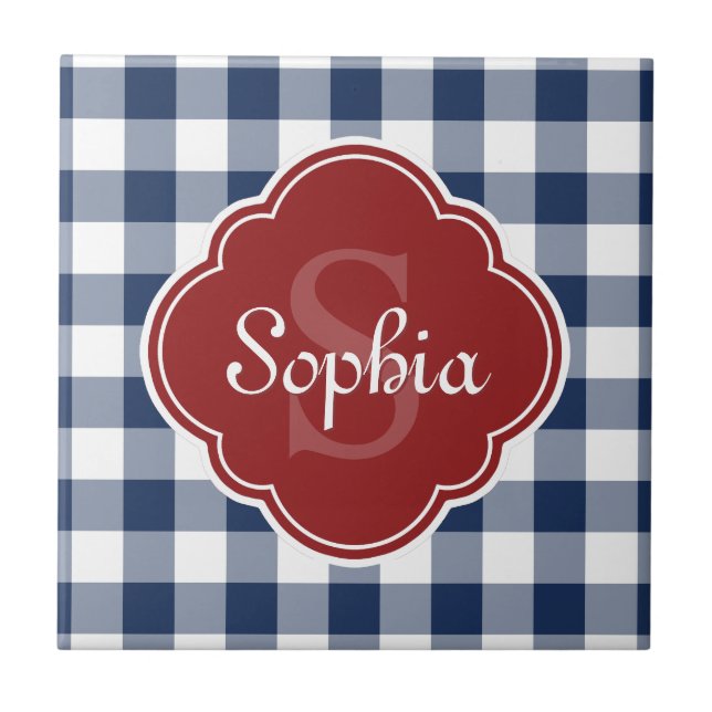 Navy Gingham Red Quatrefoil Monogram Tile (Front)