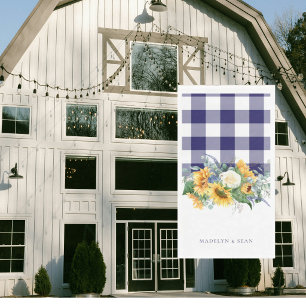 Navy Gingham Sunflowers Personalized Names Wedding Paper Guest Towels