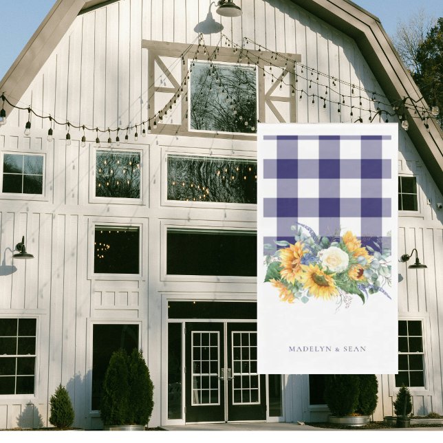 Navy Gingham Sunflowers Personalized Names Wedding Paper Guest Towels (Creator Uploaded)