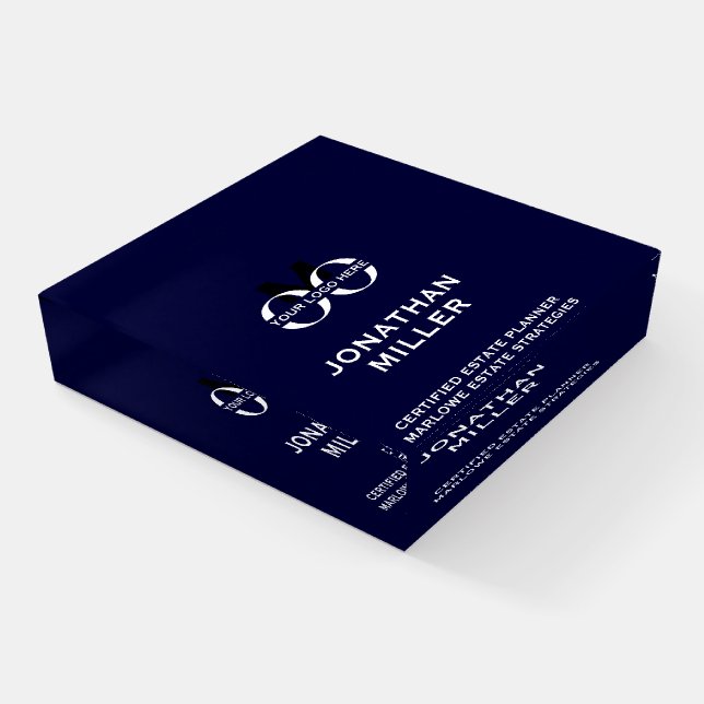 Navy Glass Logo Paperweight (Angled)