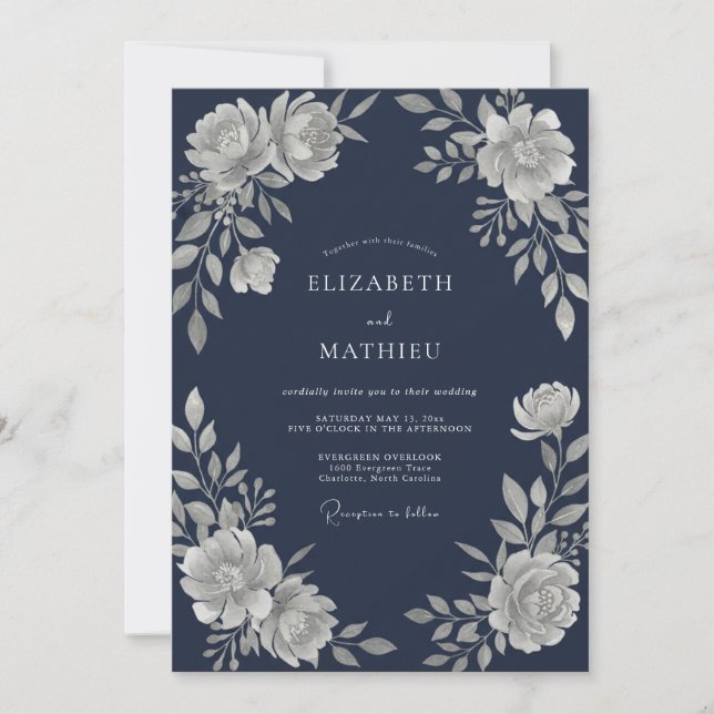 Navy Glistening Winter Wedding Invitation (Front)