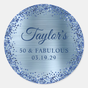 Navy Glitter Light Blue Foil 50 & Fabulous Classic Round Sticker