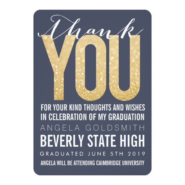 Navy Glitter Typography Graduation Thank You Card