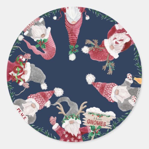 Navy Gnomes Christmas Watercolor Holly Foliage Classic Round Sticker