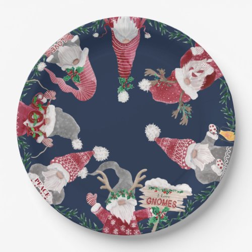 Navy Gnomes Red Gray Christmas Watercolor Foliage Paper Plates