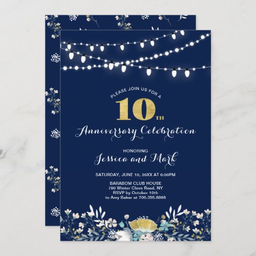 Navy  Gold 10th Wedding Anniversary Invitation