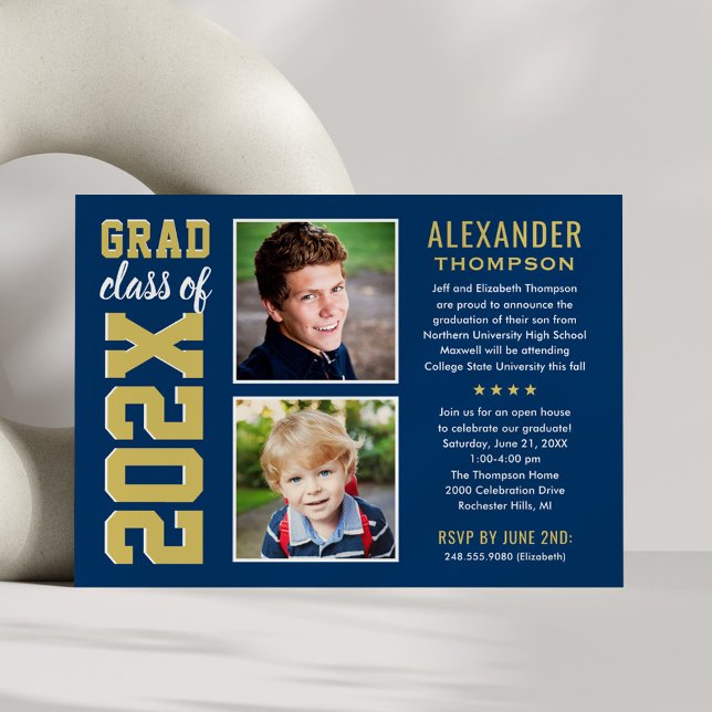 Navy Gold 2026 Photo Graduation Party Invitation (Creator Uploaded)