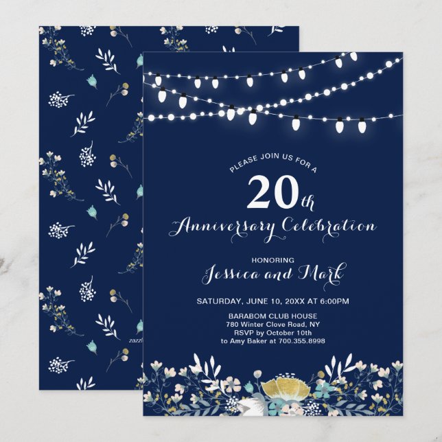 Navy & Gold 20th Wedding Anniversary Invitation (Front/Back)