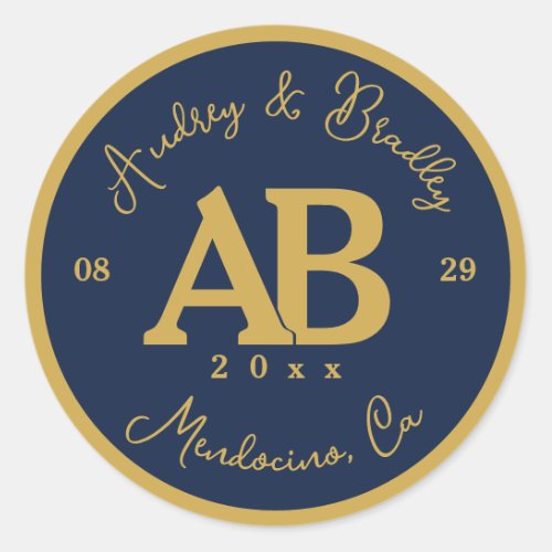 Navy Gold 2 Letter Monogram Wedding Classic Round Sticker