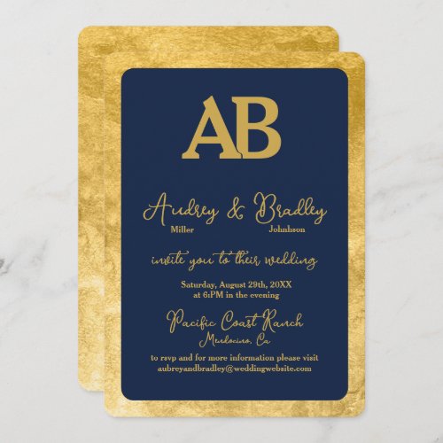 Navy Gold 2 Letter Monogram Wedding Invitation