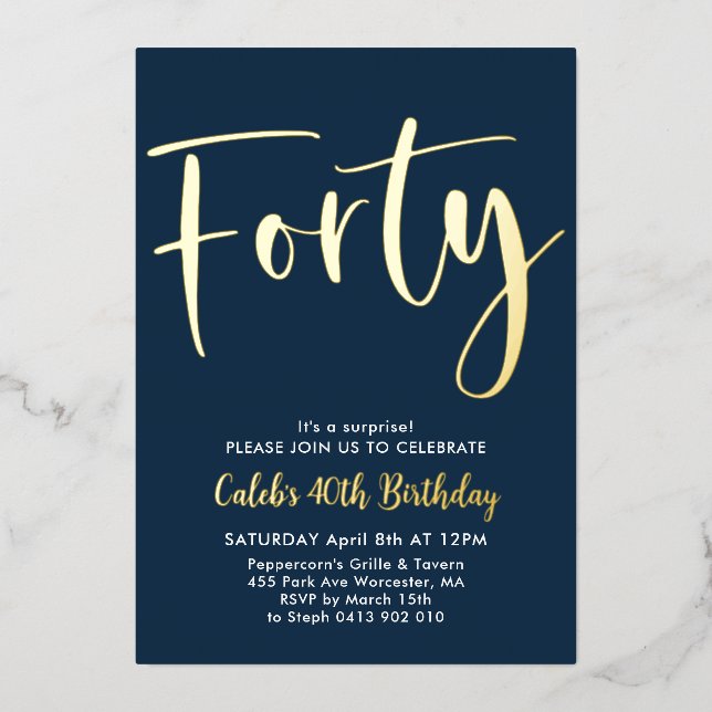 Navy Gold 40th Birthday Mens Modern Foil Invitation (Front)