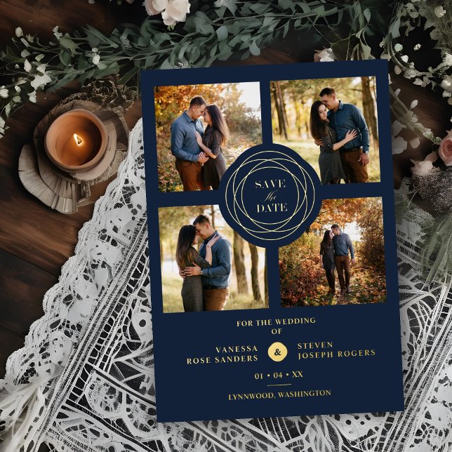 Navy Gold 4 Photos Modern Collage Wedding Script Foil Invitation (Creator Uploaded)