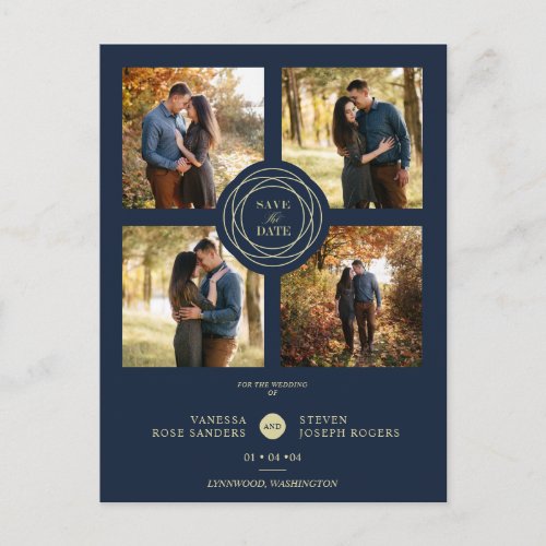 Navy Gold 4 Photos Modern Collage Wedding Script Postcard