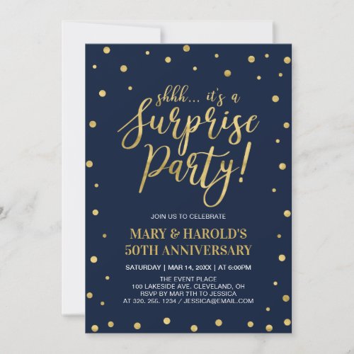 Navy  Gold  50th Surprise Wedding Anniversary Invitation