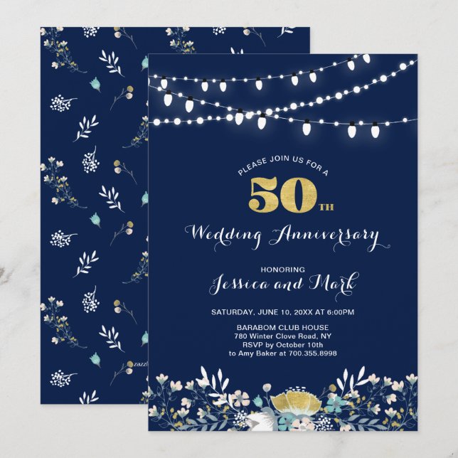 Navy & Gold 50th Wedding Anniversary Invitation (Front/Back)