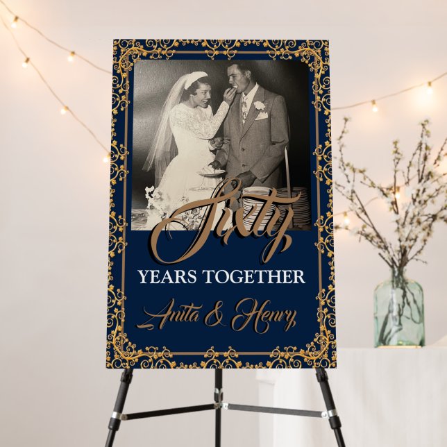 Navy & Gold 60th Wedding Anniversary  Foam Board (In Situ (Stand))