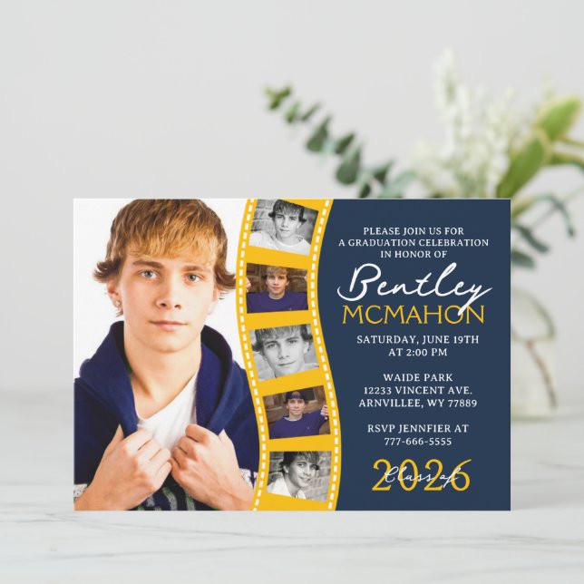 Navy & Gold 6 Photo Filmstrip Graduation Collage Invitation (Standing Front)