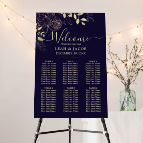 Navy Gold 6 Table Floral Wedding Seating Chart Foam Board