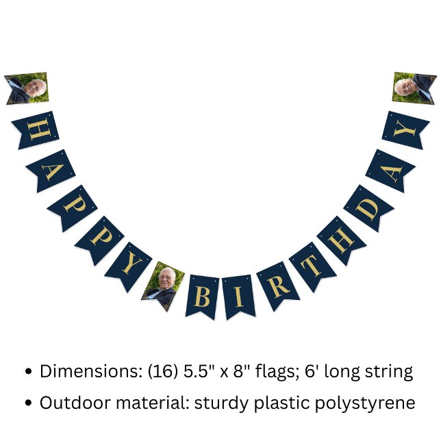 Navy Gold 80th Birthday Photo Happy Birthday Bunting Flags (Creator Uploaded)