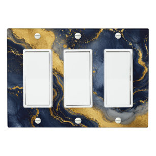 Navy Gold Abstract Marble Fluid Art Triple Rocker Light Switch Cover