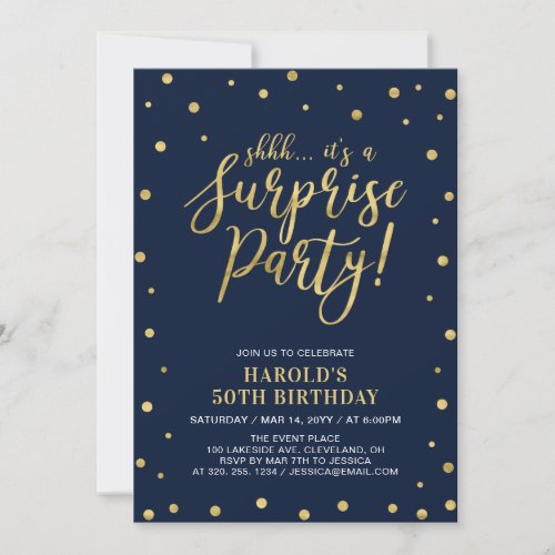 Navy  Gold  Adult 50th Surprise Birthday Party Invitation