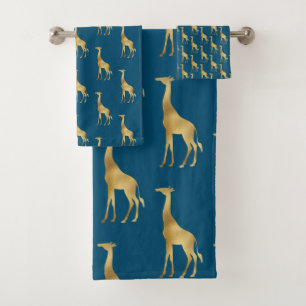 NAVY GOLD AFRICAN GIRAFFE WHITE BATHROOM TOWEL SET