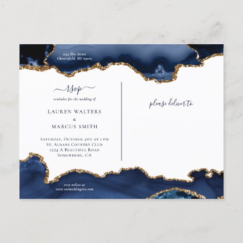 Navy Gold Agate Geode Gemstone Wedding Announcemen Announcement Postcard