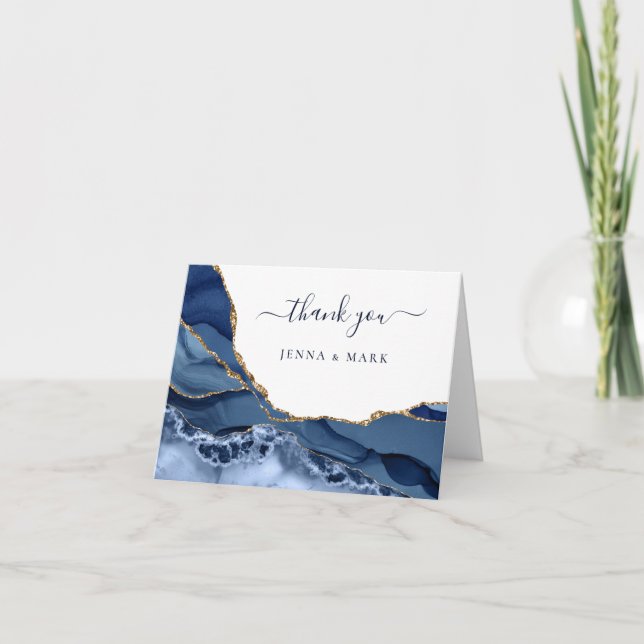 Navy Gold Agate Geode Marble Letterpress Thank You Card (Front)