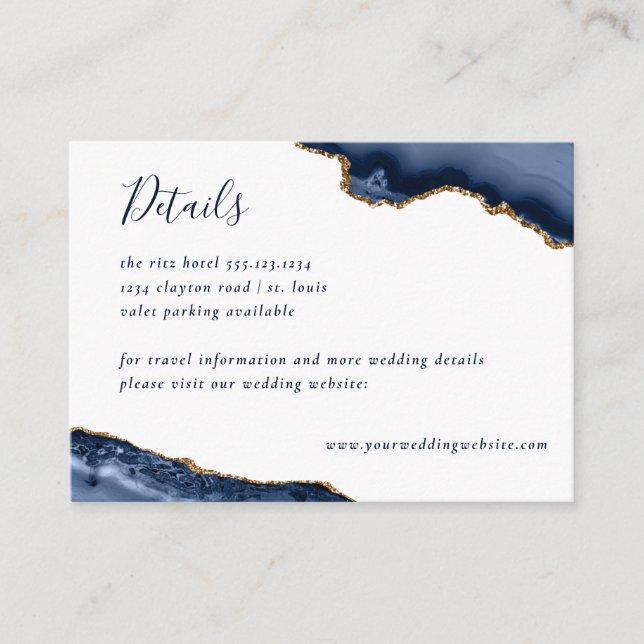 Navy Gold Agate Geode Marble Wedding Enclosure Card (Front)