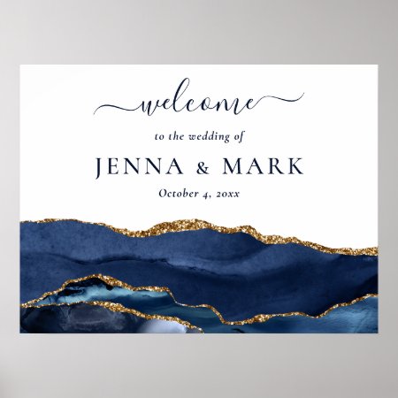 Navy Gold Agate Geode Marble Wedding Poster