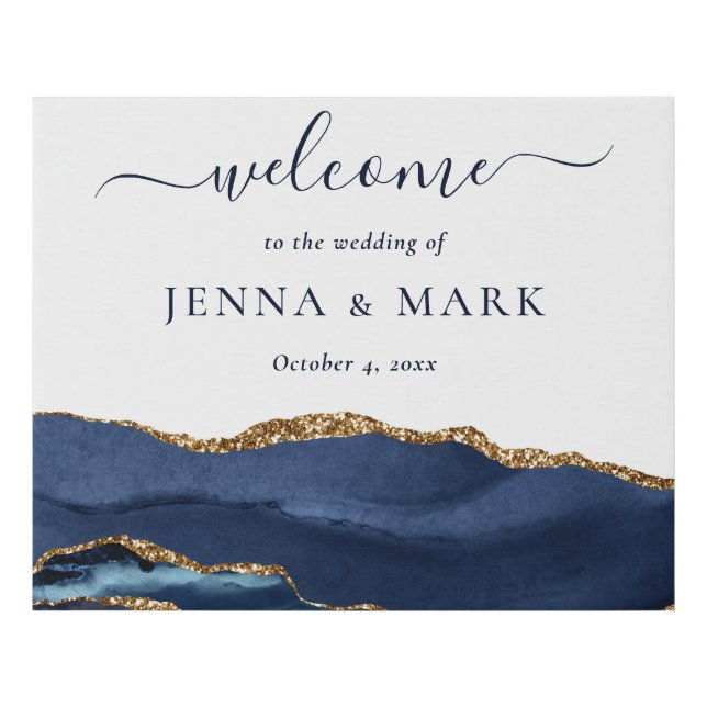 Navy Gold Agate Geode Marble Wedding Welcome Faux Canvas Print (Front)