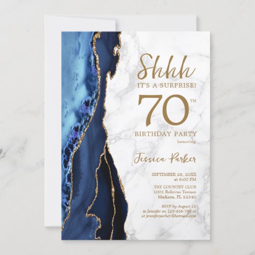 Navy Gold Agate Marble Surprise 70th Birthday Invitation